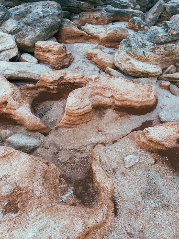 Explore the intricate patterns and colors of this eroded rocky landscape.